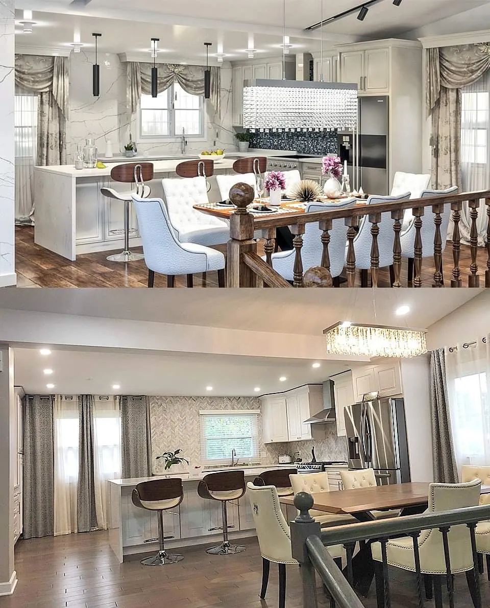 Kitchen with white island, light cabinets, stainless steel appliances, round dining table, and large windows.