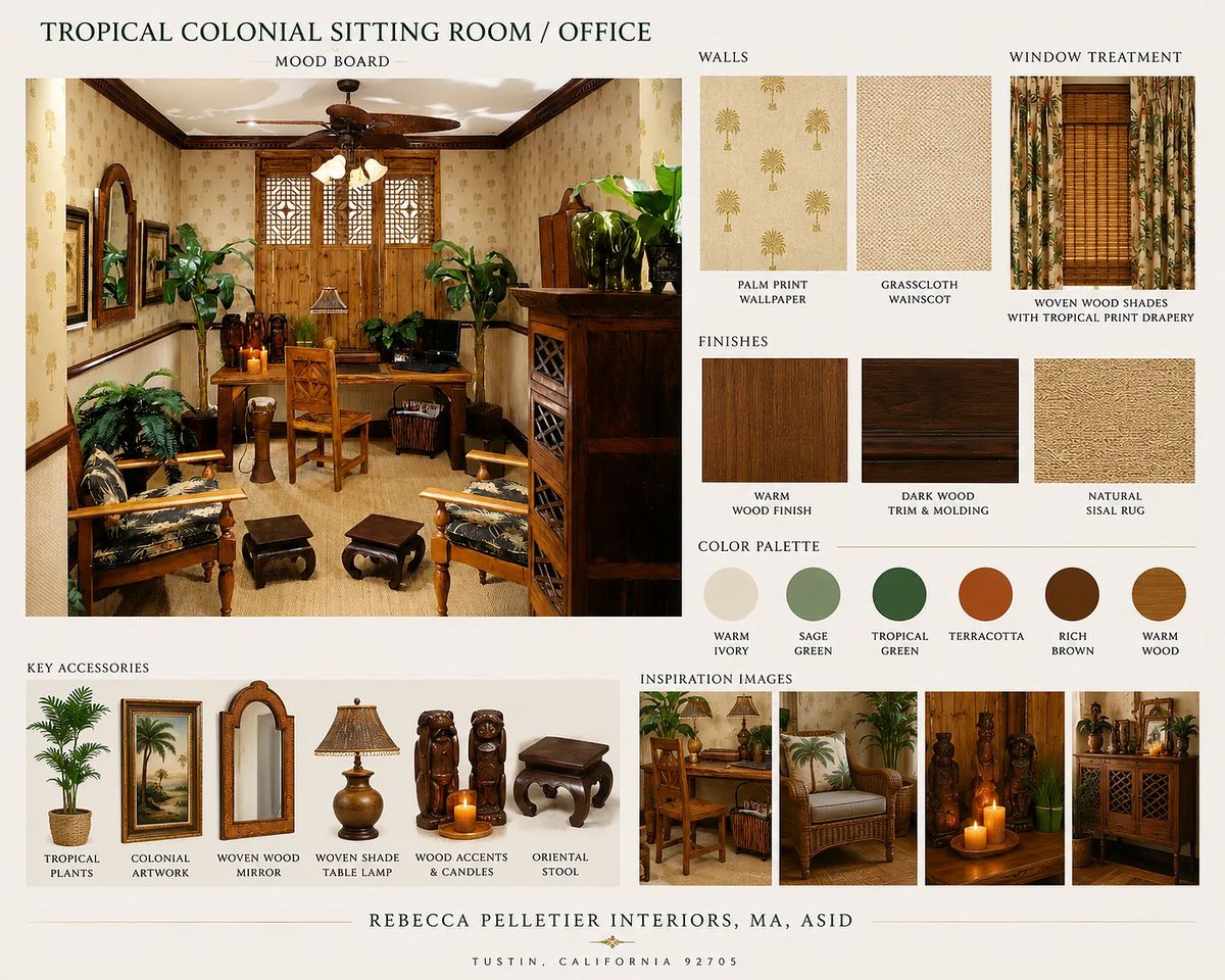 Office with rattan chairs, wooden desk, patterned wallpaper, and tropical decor.