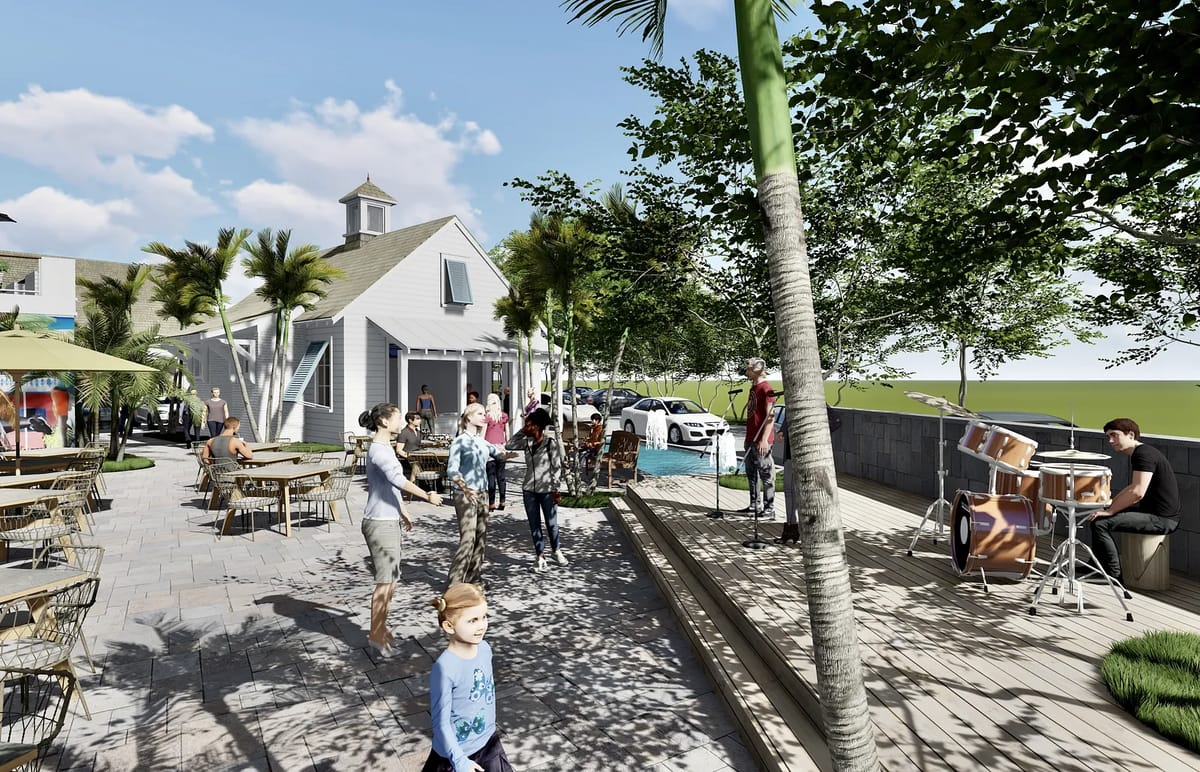 Outdoor patio with tables, chairs, palm trees, and a lively gathering of people and a musician