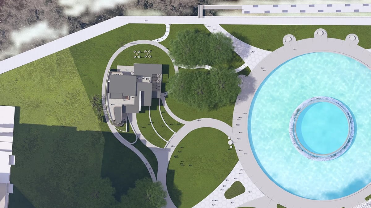 Aerial view of a property with a pool, lawn, trees, pathways, and seating areas.
