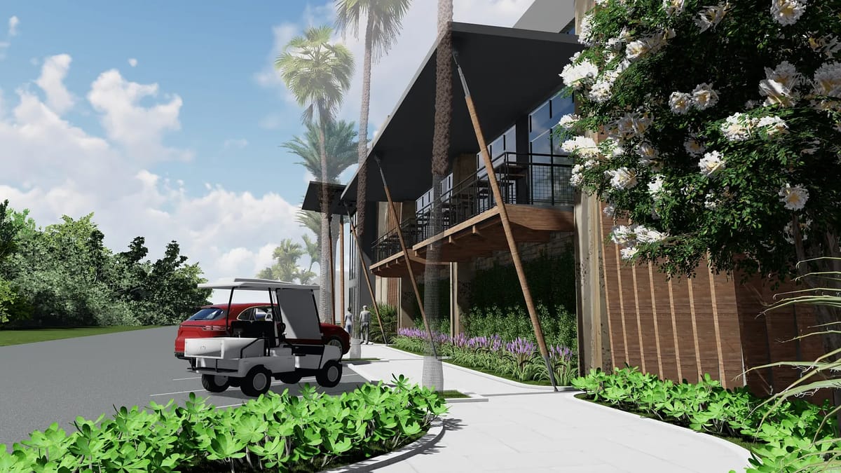 Exterior front view with modern structure, wooden paneling, awning, pathways, and greenery.