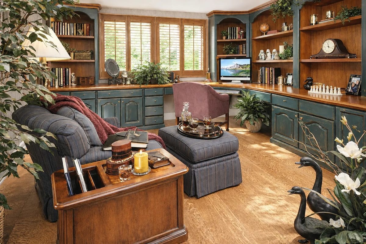 Office with blue sofa, wooden coffee table, built-in desk, bookshelves, and decorative plants.