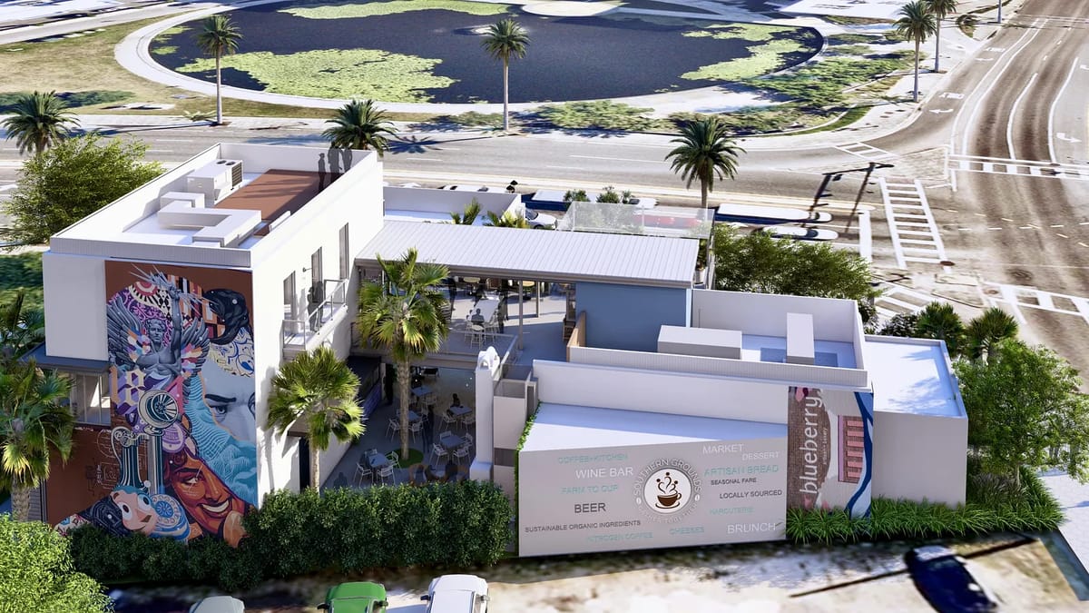 Exterior view of a building with palm trees, wine bar signage, and a mural.