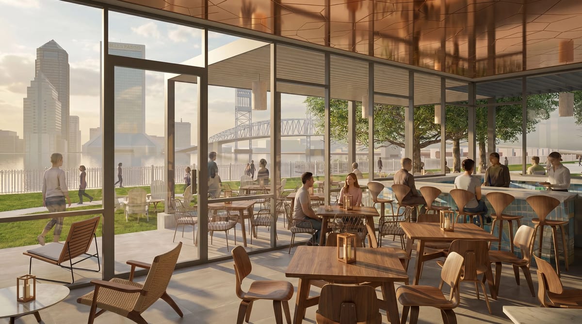 Outdoor dining area with wooden tables, chairs, stools, and large glass panels, featuring socializing guests and greenery.