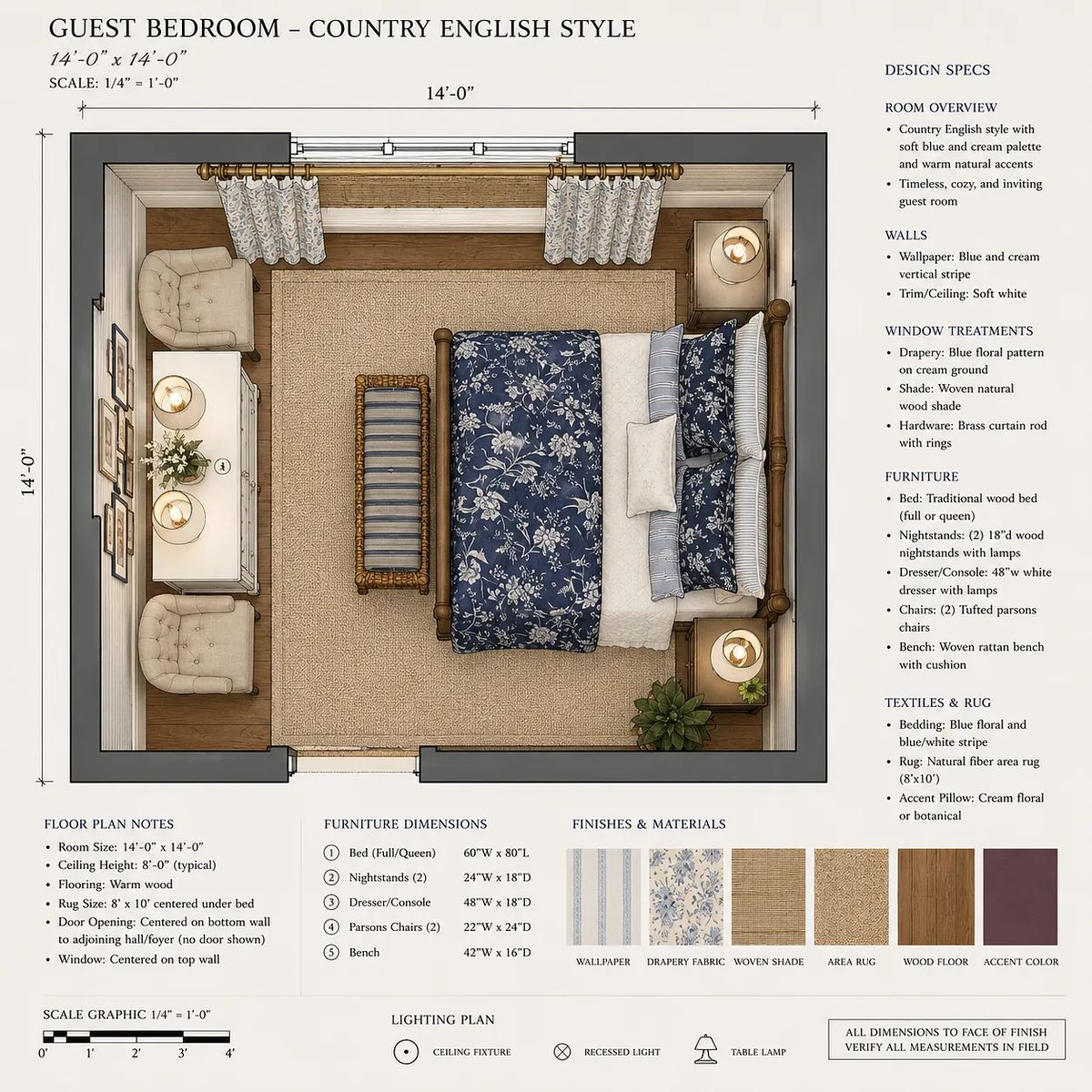 Guest bedroom with wooden bed, blue quilt, nightstands, chairs, and floral wallpaper