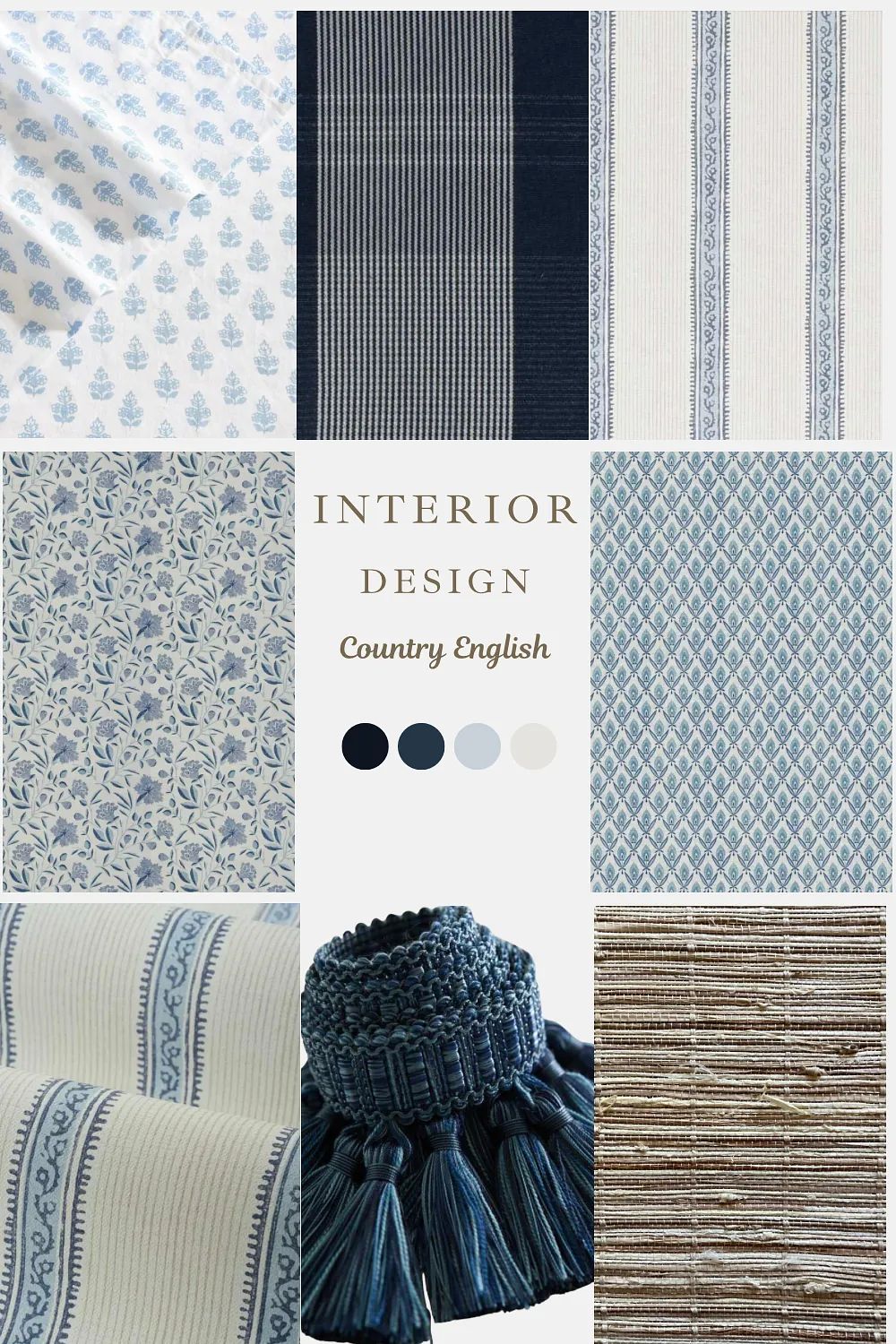 Collection of fabric swatches with floral, striped, and geometric patterns in blue, cream, and gray.