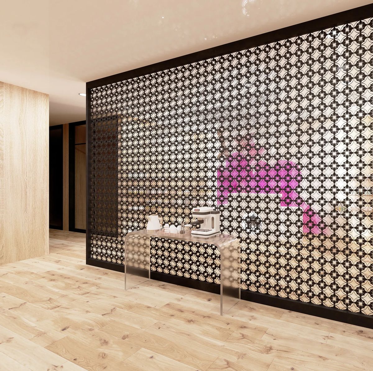 Foyer with transparent console table, patterned wall panel, and light wooden flooring.