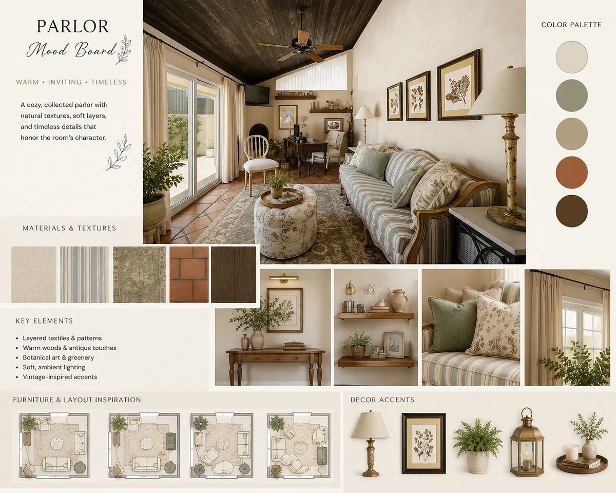 Parlor mood board with green and cream sofa, textured pillows, botanical prints, and layered textiles.