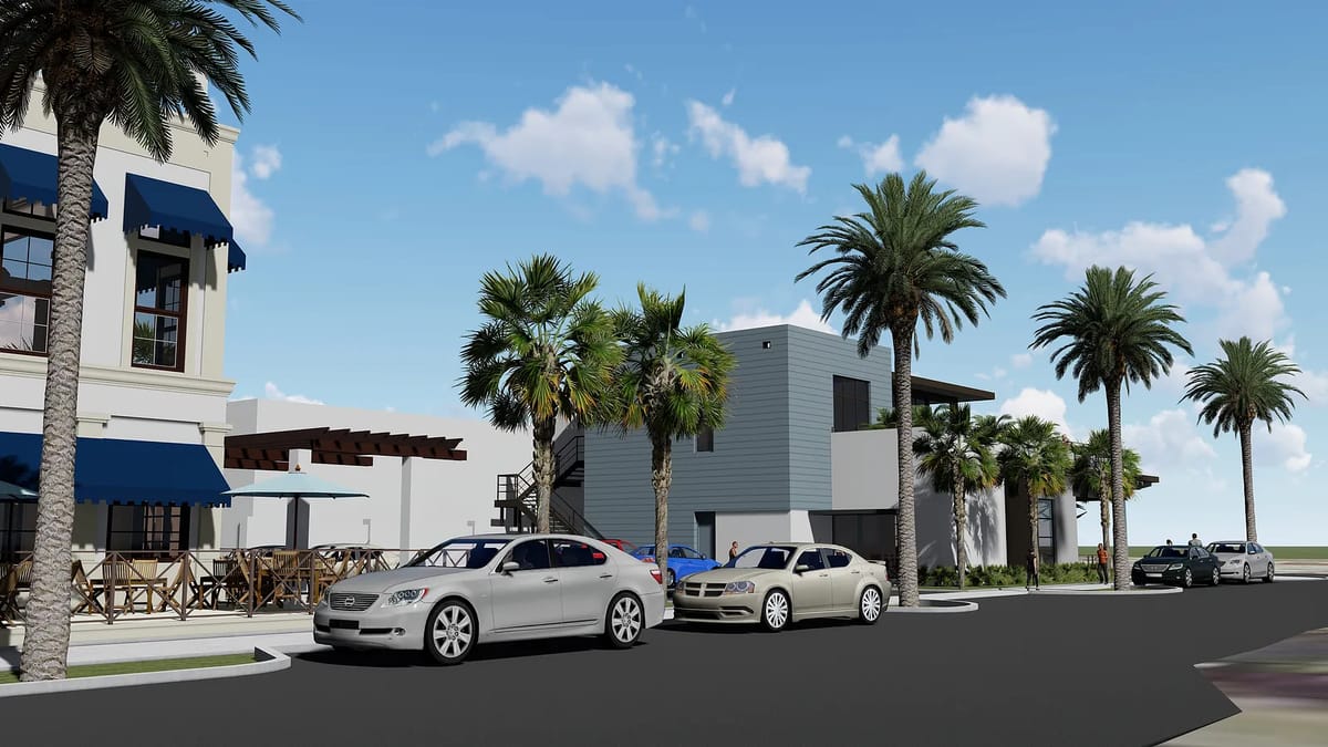 Exterior scene with palm trees, parked cars, and buildings with awnings and wood accents.