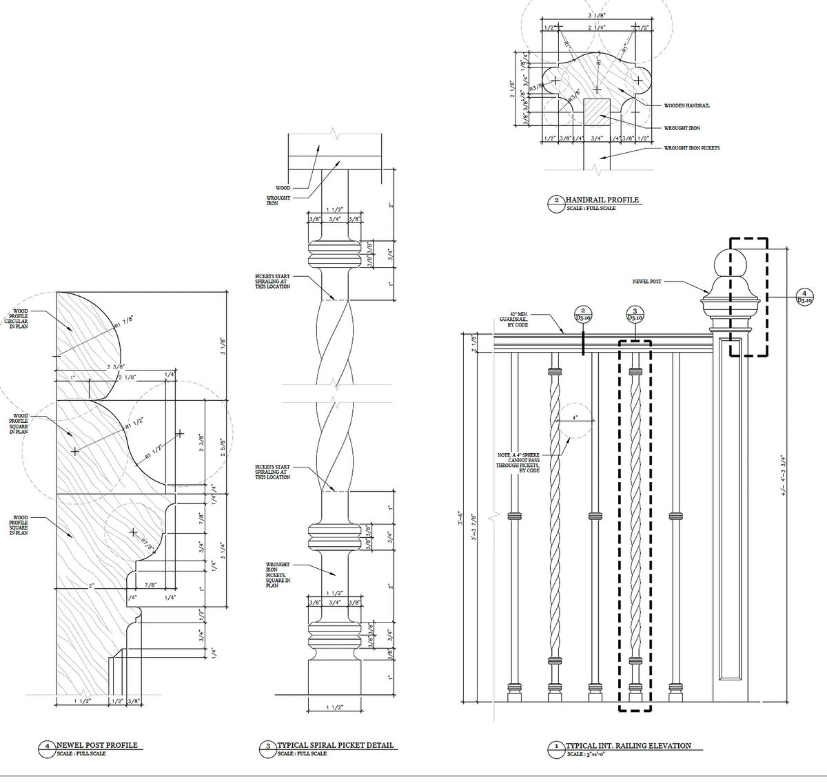 Architectural drawings of post design profiles and railing elevation.