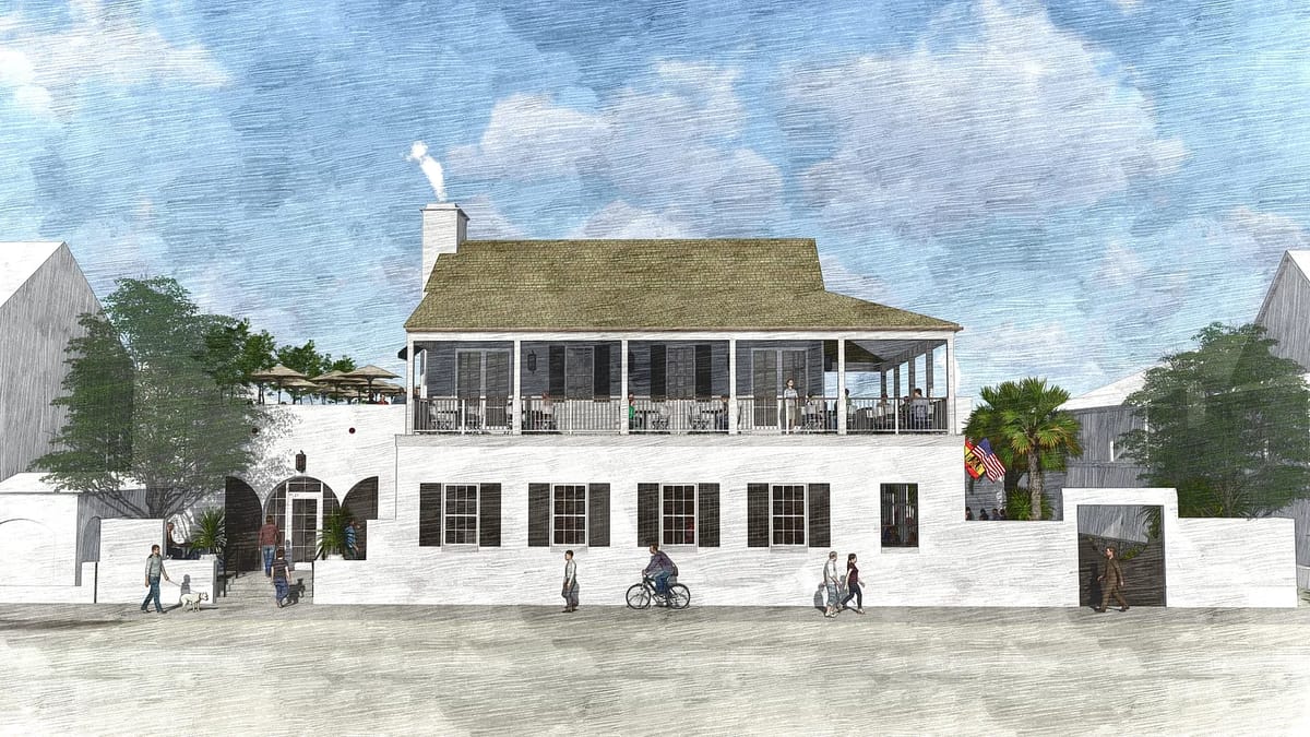 Exterior front view of a two-story house with white walls, thatched roof, porch, and pedestrians.