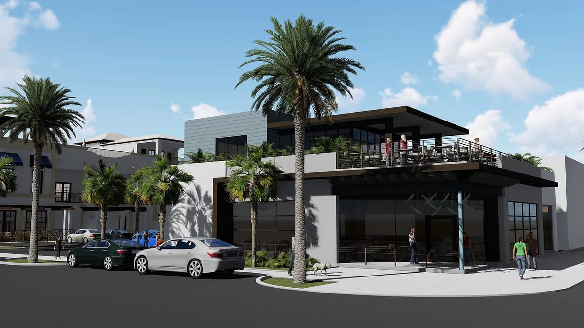 Commercial building exterior with glass windows, balcony, palm trees, cars, and pedestrians.