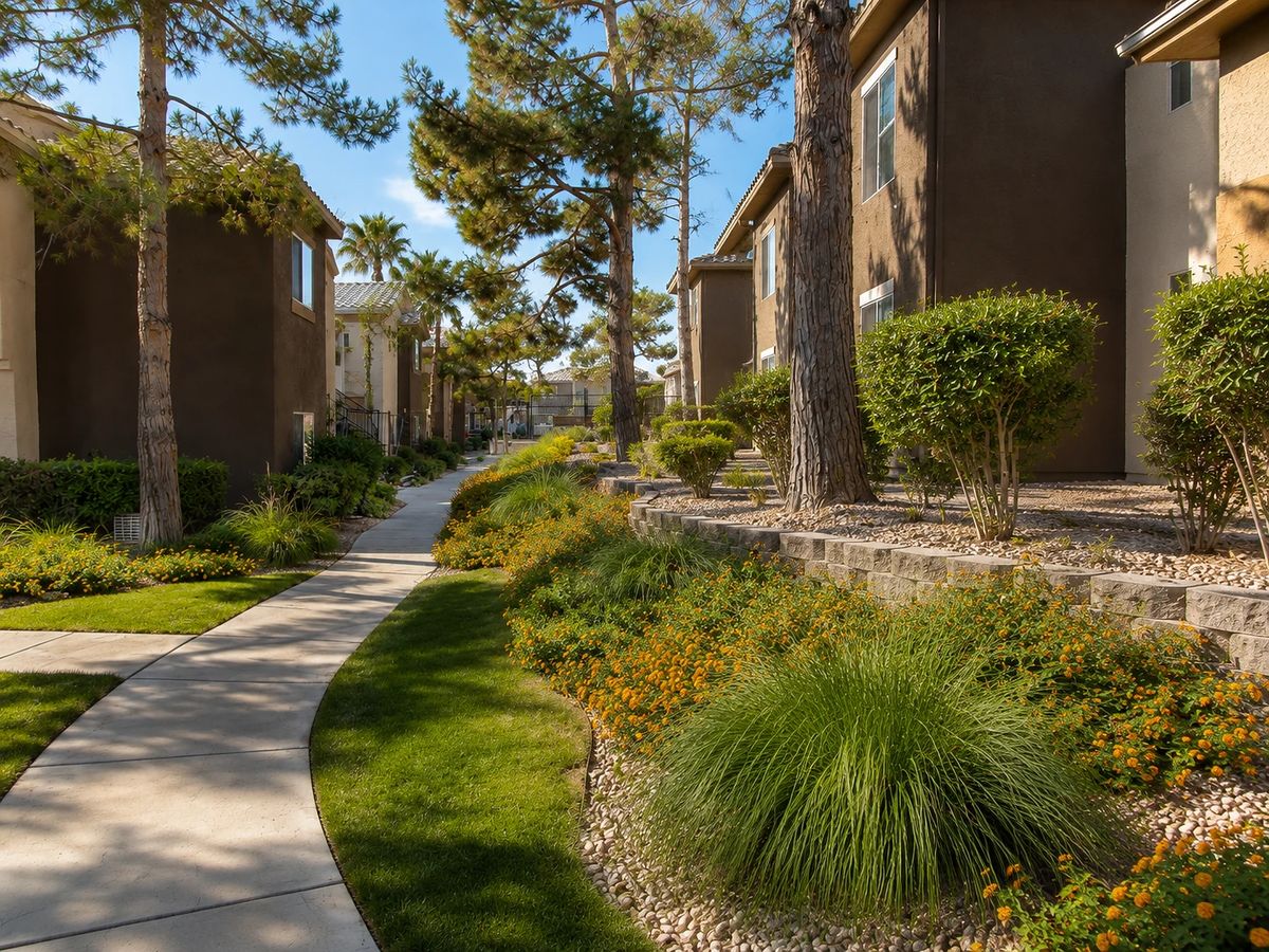 Garden pathway with shrubs, flowering plants, trees, and a concrete walkway.
