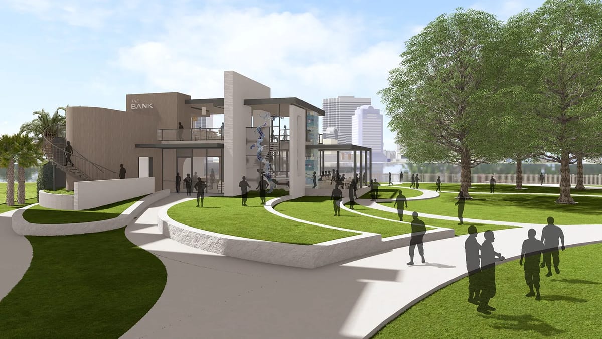 Exterior bank building with modern architecture, glass windows, landscaping, and walking paths.