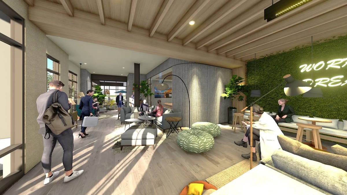 Living room area with sofas, chairs, coffee table, plants, large windows, and wooden beams.