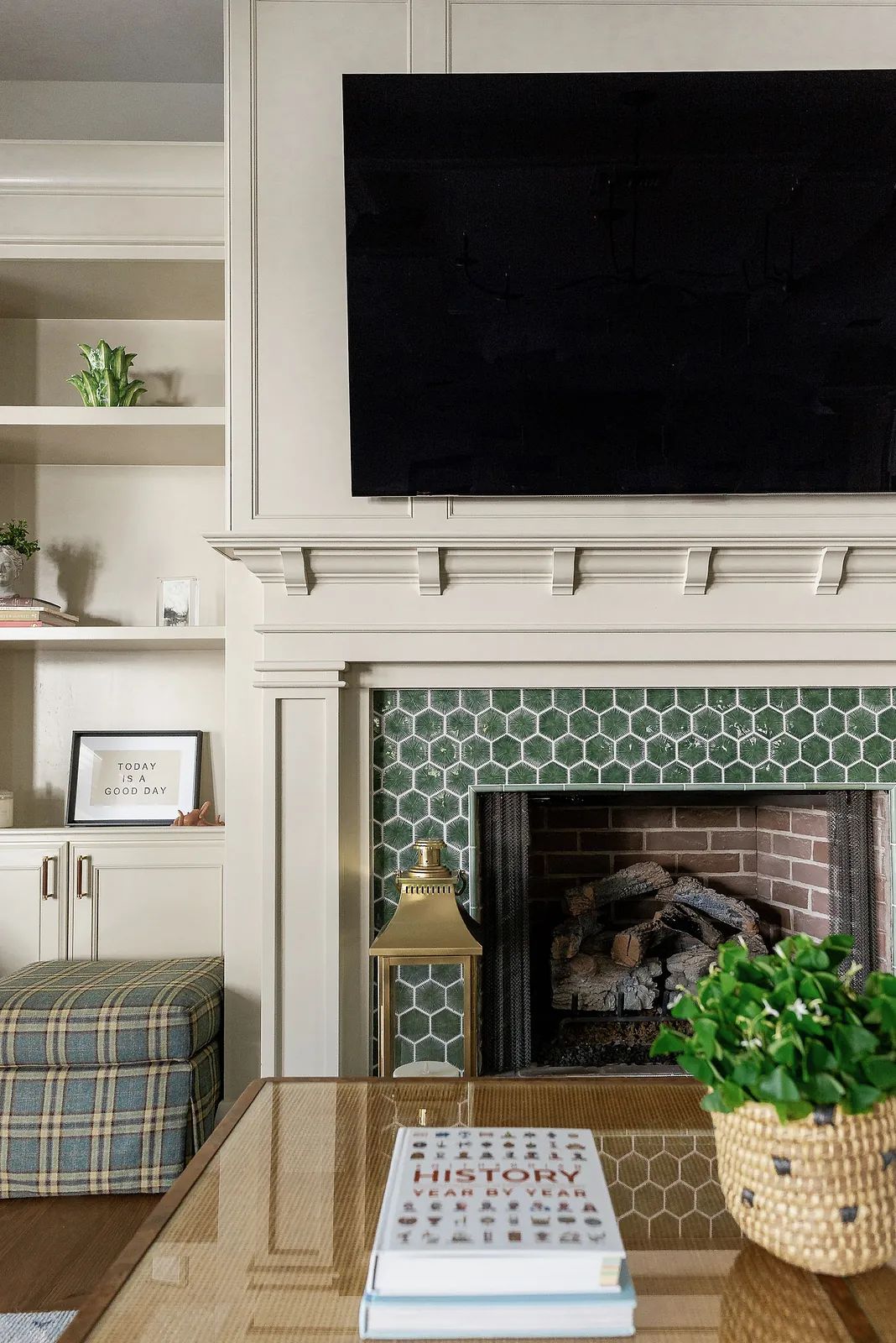 Living room with fireplace, mounted TV, coffee table, patterned chair, built-in shelves, and decorative plant.