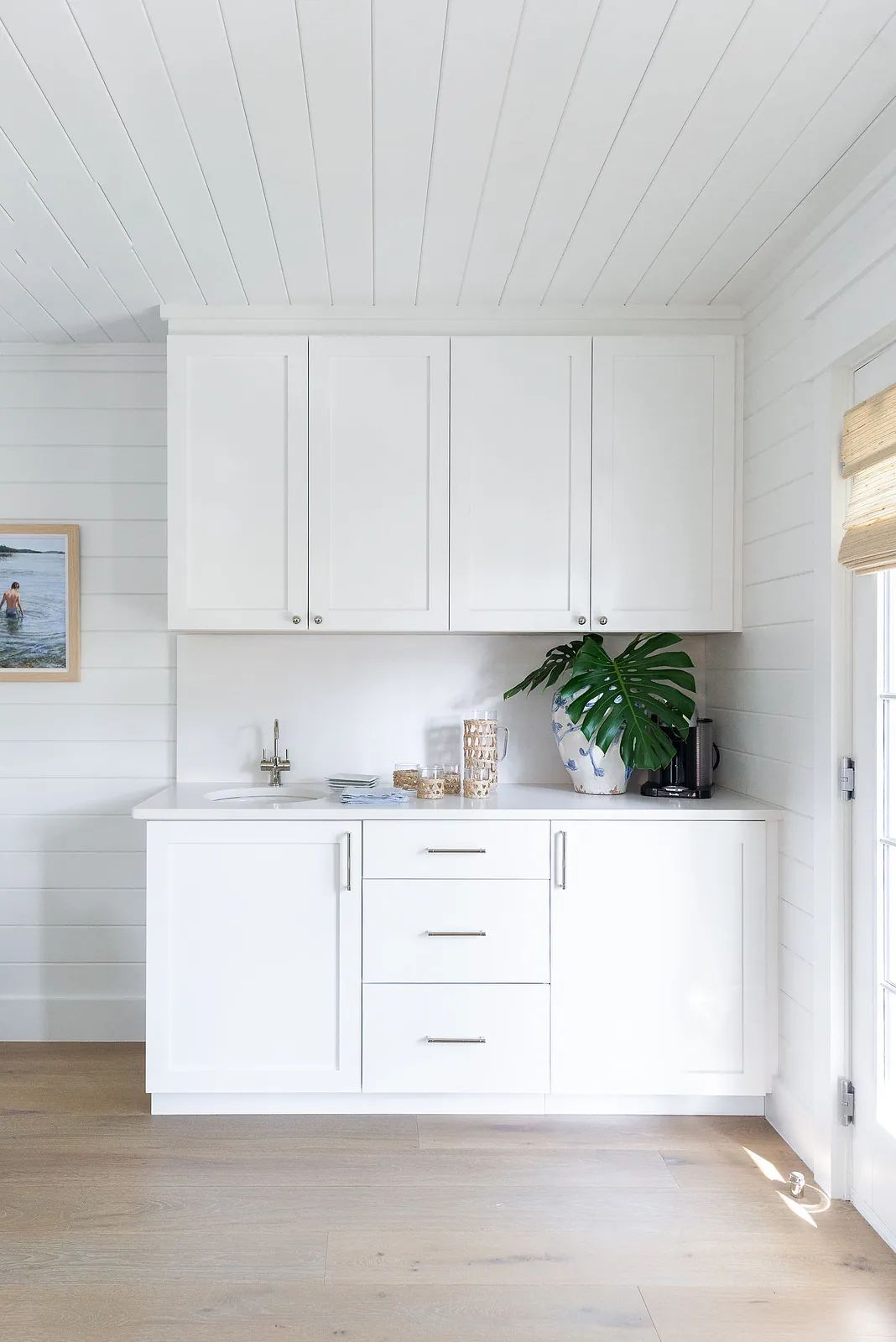 Butler's pantry with white cabinets, countertop, sink, decorative plant, and coffee maker with natural light