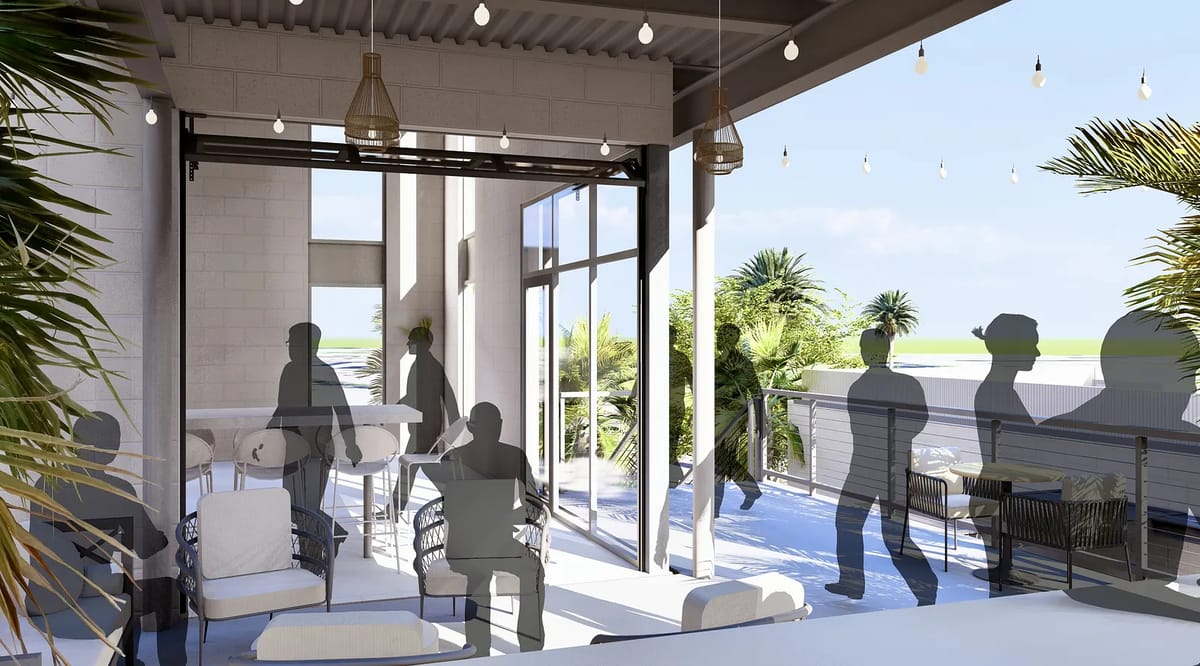 Outdoor deck with white lounge chairs, round table, tropical plants, and Edison bulb lights.