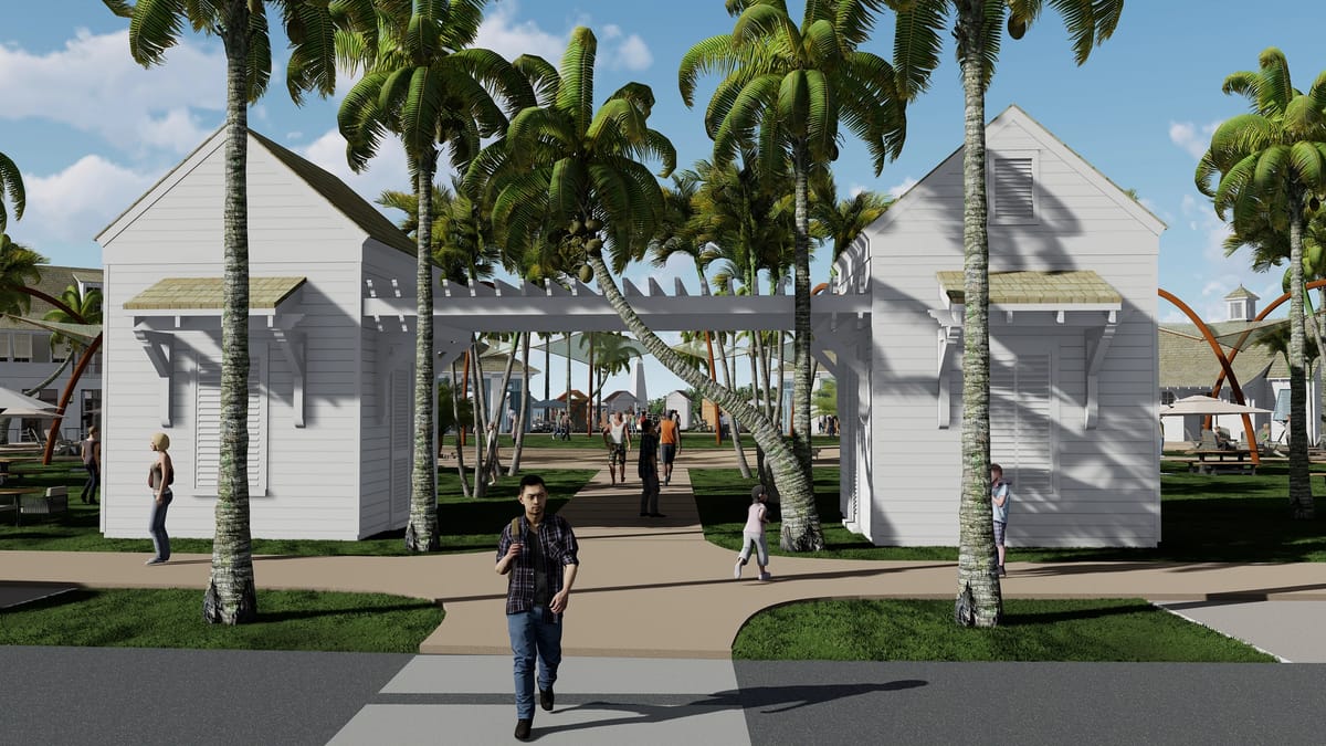 Exterior front with two white structures, palm trees, and a central pathway leading to a gathering area.