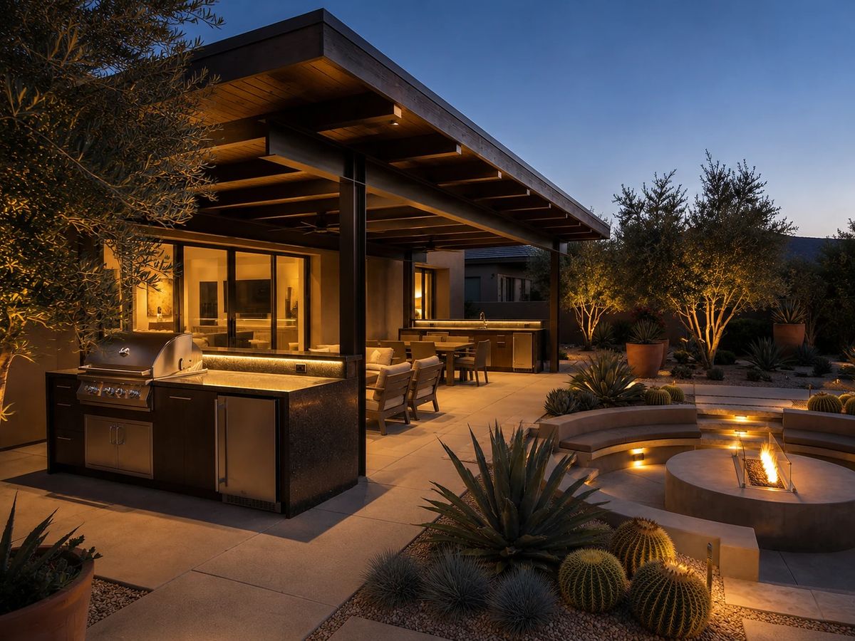 Outdoor patio with built-in grill, dining table, seating, stone fire pit, and potted plants under a wooden pergola.