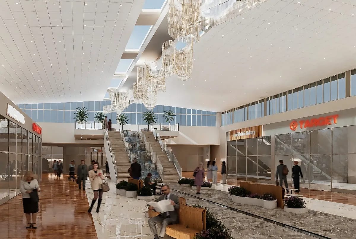 Commercial space with large windows, staircase, seating areas, planters, and storefronts, including Target.
