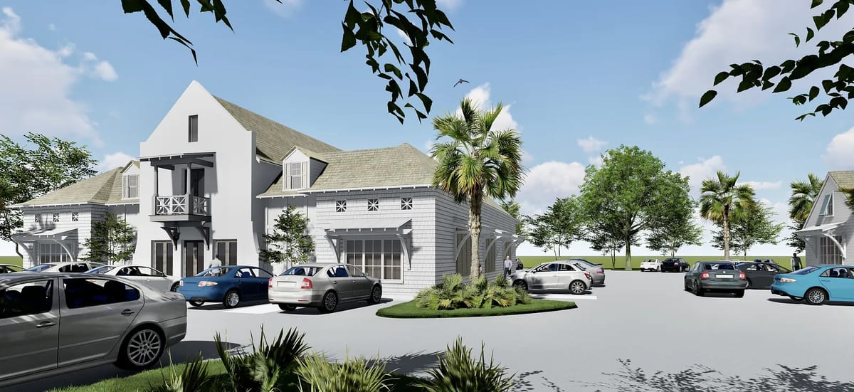 Exterior front view of multi-story building with landscaped parking area and palm trees.