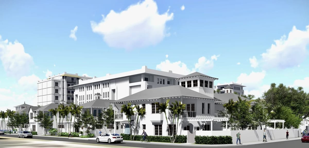 Exterior view of a multi-story building with palm trees, balconies, and a pergola entrance.