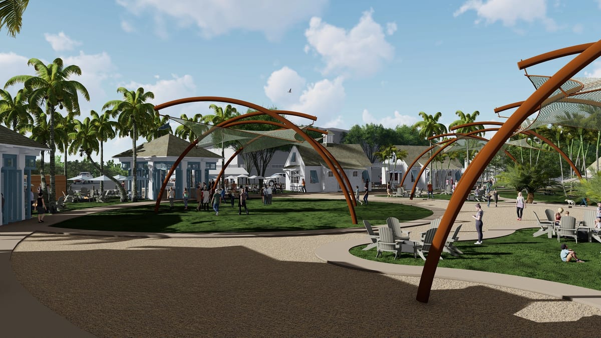 Garden area with palm trees, circular lawn, wood canopies, and seating areas with Adirondack chairs.