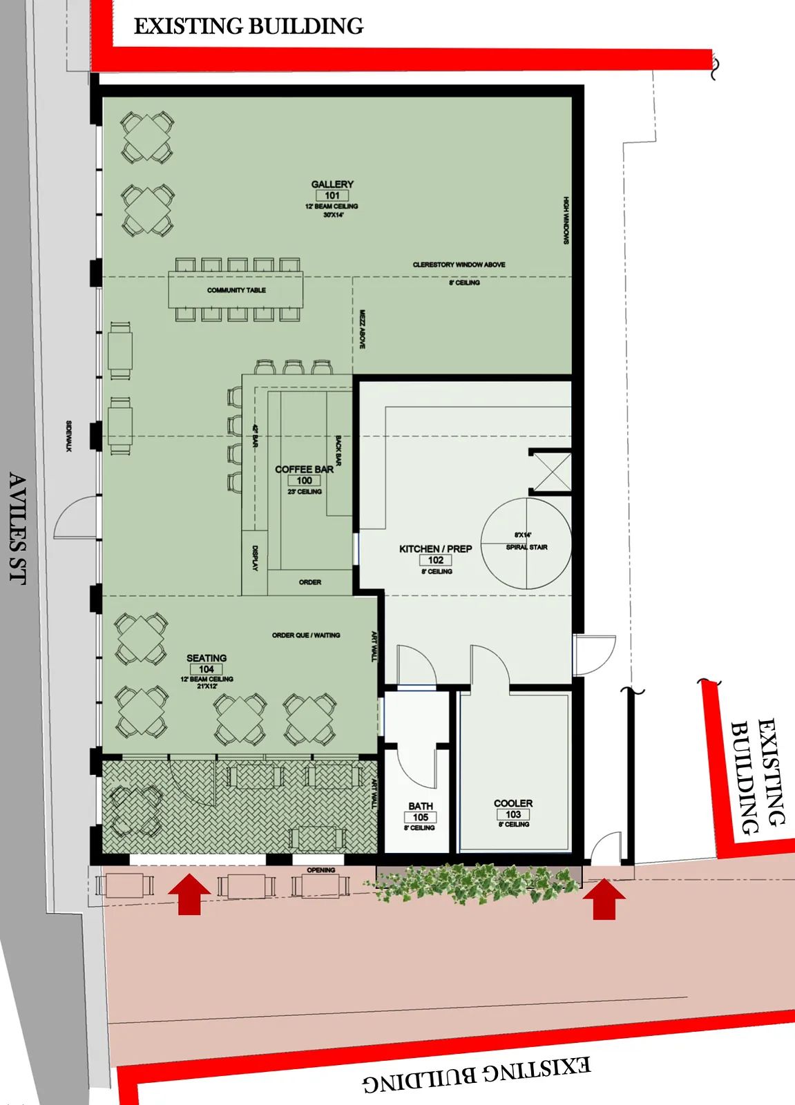 Floor plan with labeled layout including gallery, seating area, kitchen, and bath.