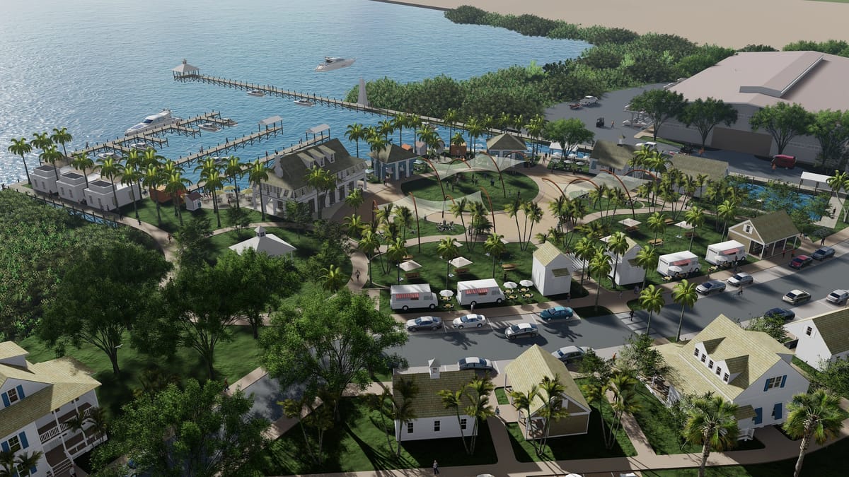 Aerial view of a coastal community with homes, docks, palm trees, and a marina.