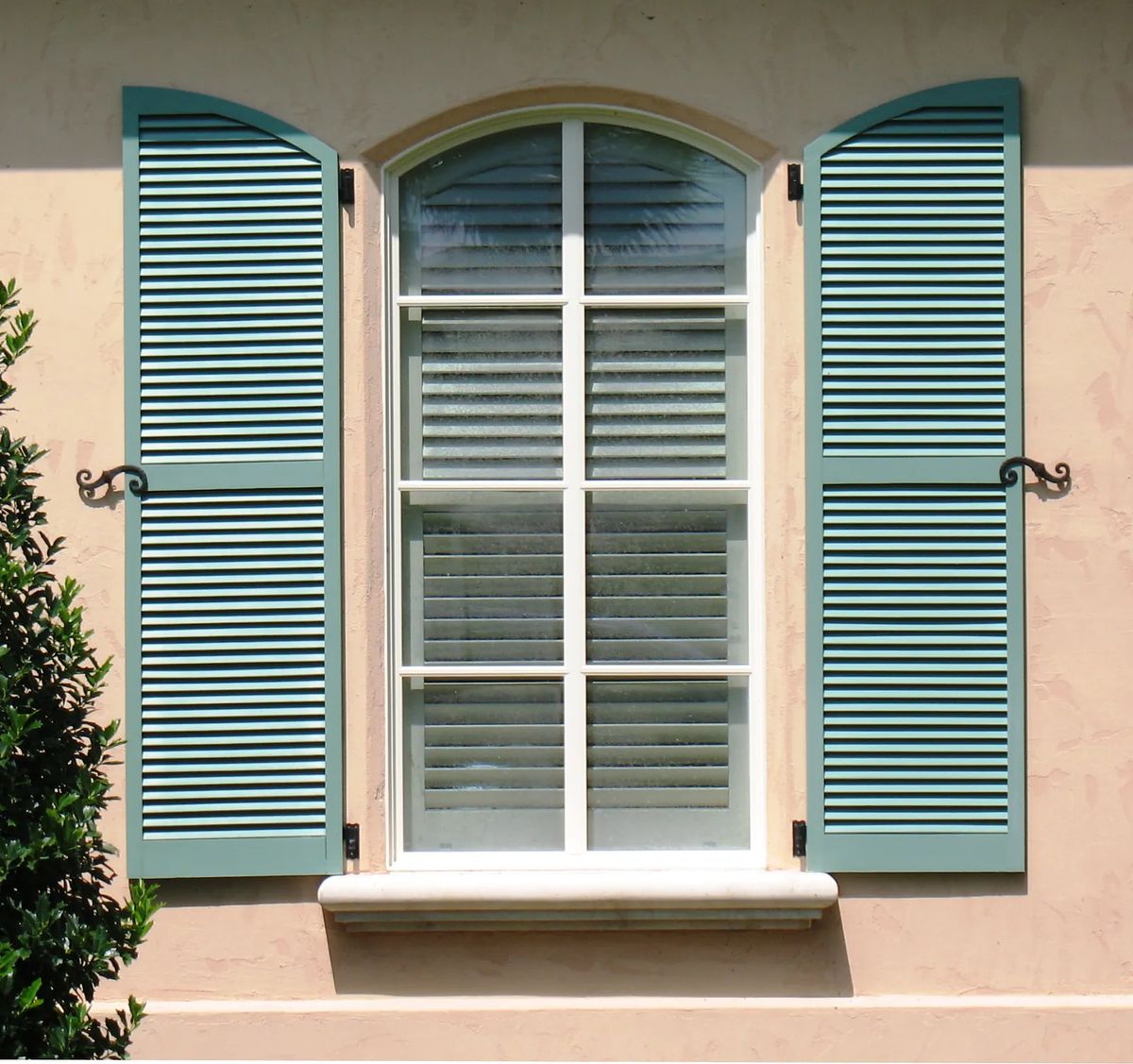 Exterior front view with white window, blue shutters, decorative hinges, and a surrounding shrub.