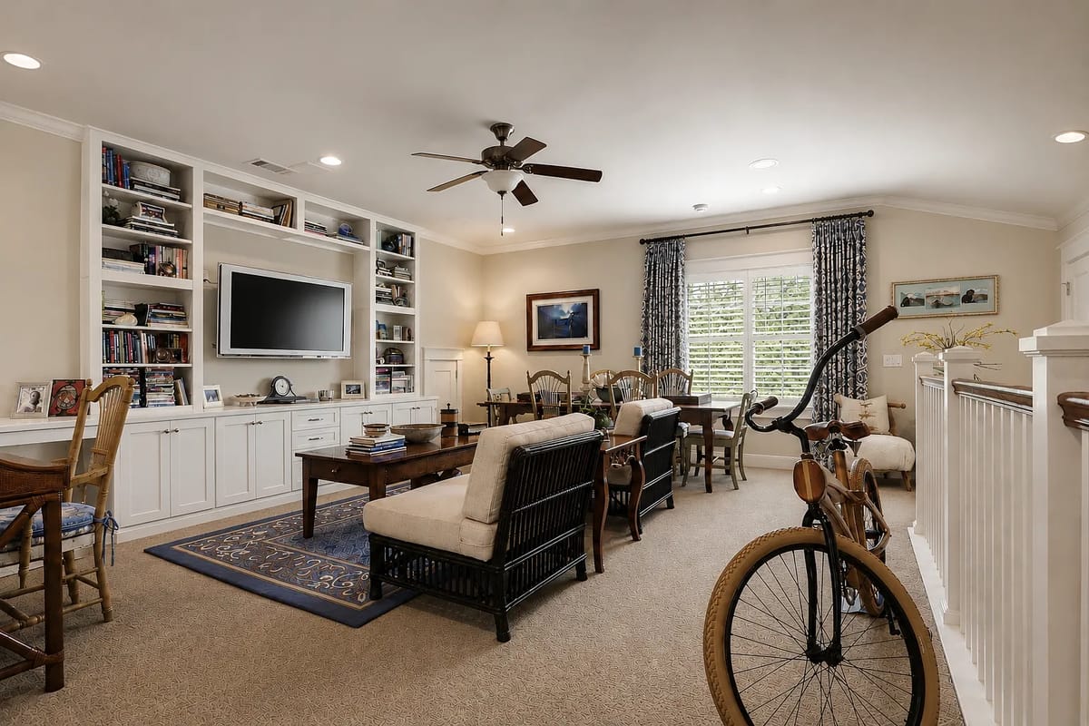 Living room with sectional sofa, wooden coffee table, bookshelves, and bicycle against the wall.
