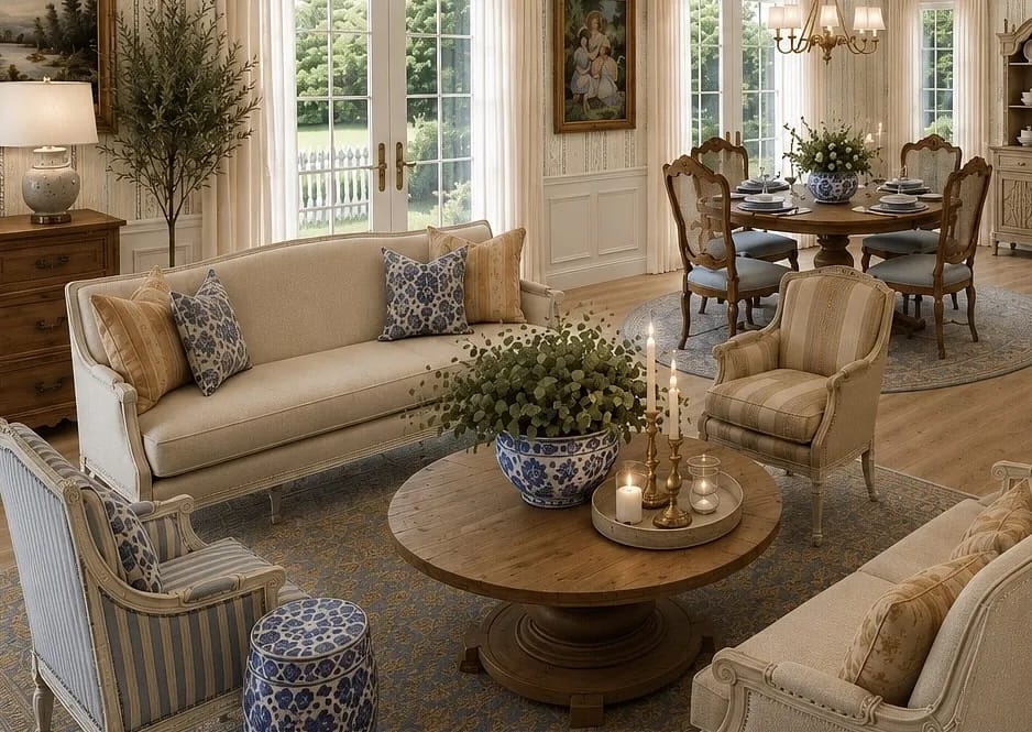 Living room with sofa, armchair, coffee table, plants, and dining area with round table and chairs.