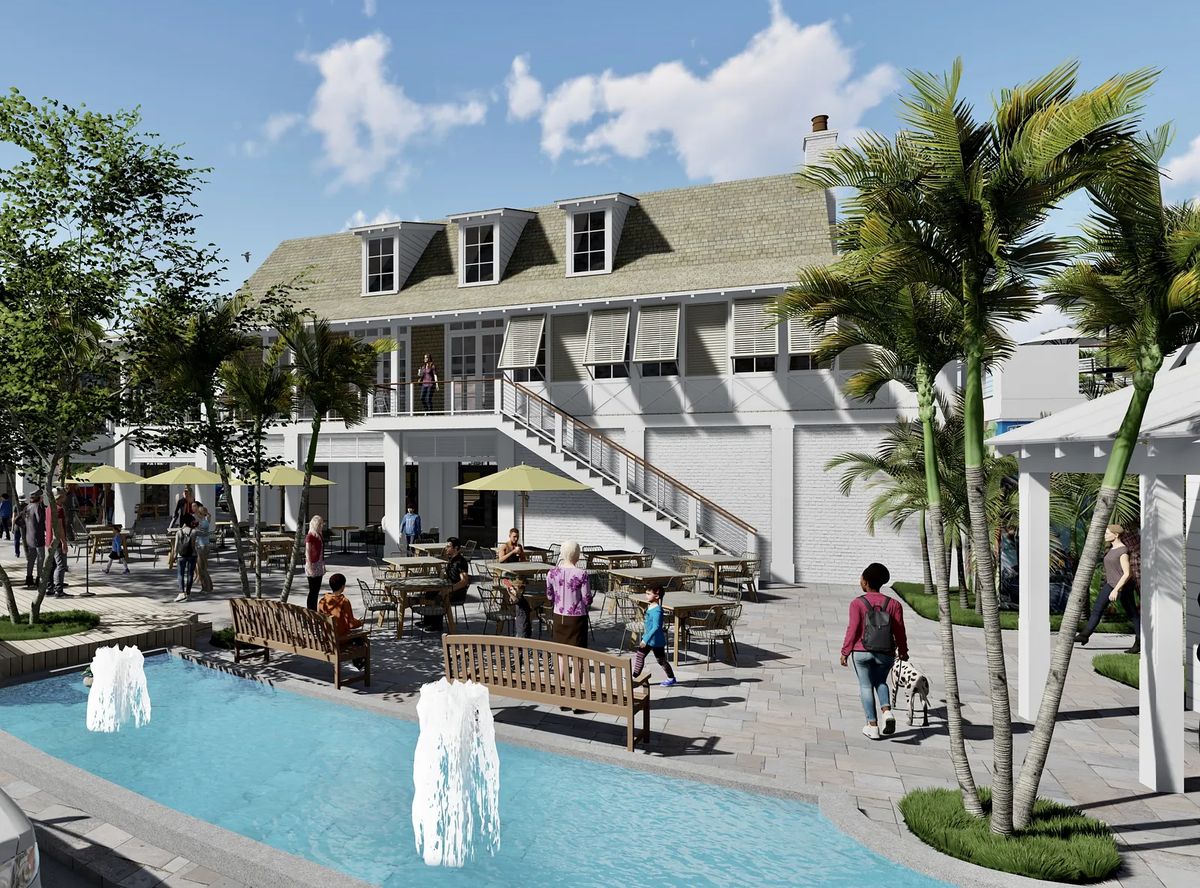 Exterior area with pool, fountains, benches, dining tables, palm trees, and a two-story building.