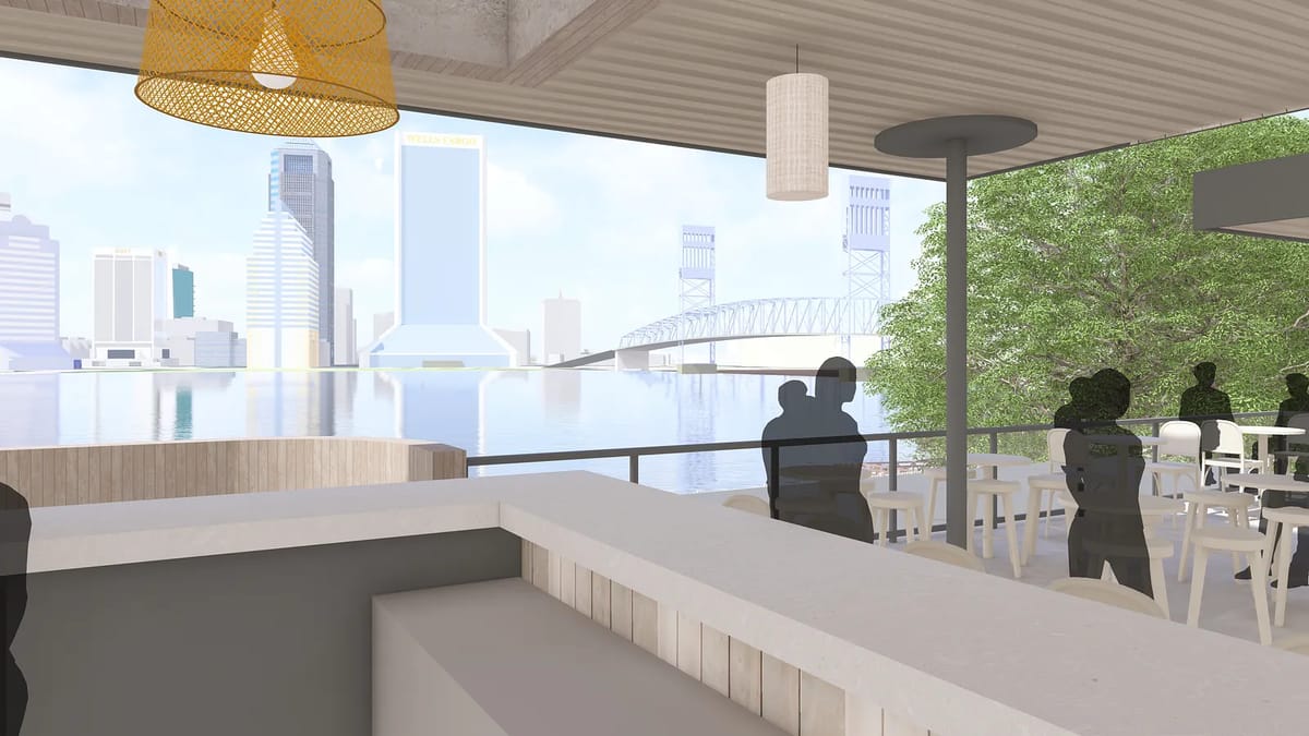 Exterior front area with concrete patio, outdoor seating, large windows, and city skyline view.