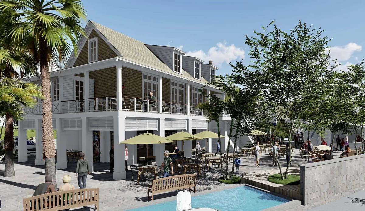 Exterior front view with porch, seating, pool, palm trees, and landscaped gardens.