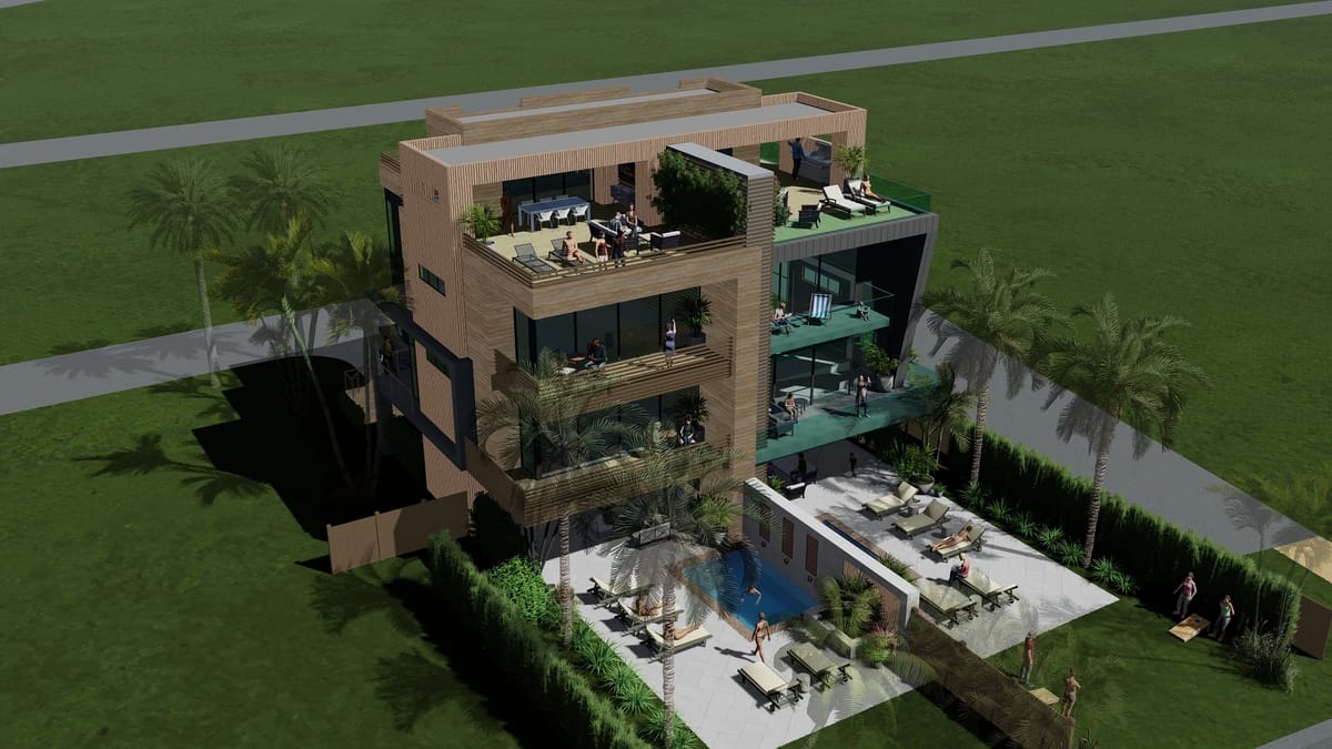 Three-story building with terraces, large windows, pool area, patio chairs, and palm trees.