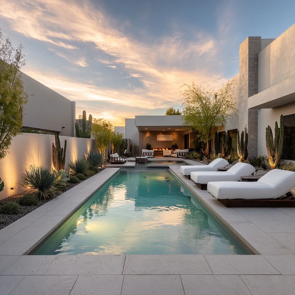 Exterior rear space with swimming pool, white lounge chairs, plants, and seating area on stone patio.
