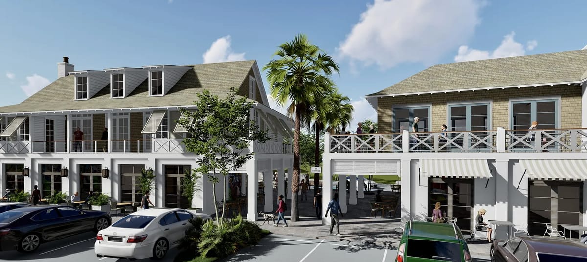 Exterior scene with two buildings, balconies, palm trees, and a parking lot.