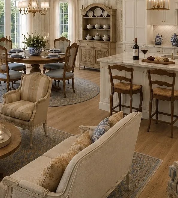 Dining room with round wooden table, chairs, sideboard, rugs, and large windows for natural light.