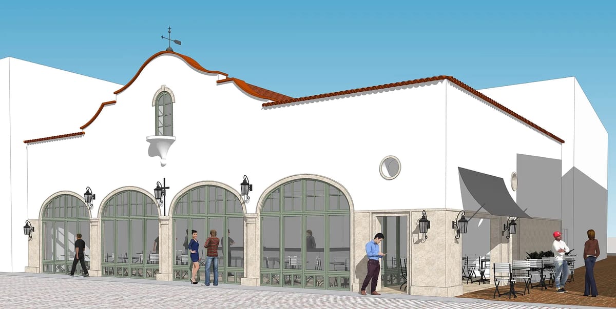 Exterior front with arched windows, red tile roof, white walls, awning, and outdoor seating area.