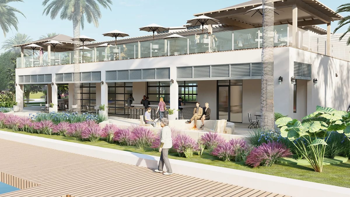Exterior rear area with multi-level deck, seating, parasols, palm trees, and landscaped shrubs and flowers.