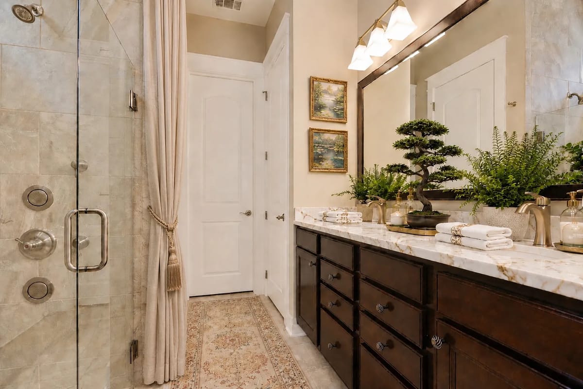 Bathroom with glass walk-in shower, dual sink vanity, potted plants, and decorative rug.