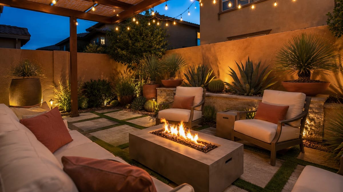 Patio with white sectional sofa, fire pit, potted plants, and string lights under a pergola.
