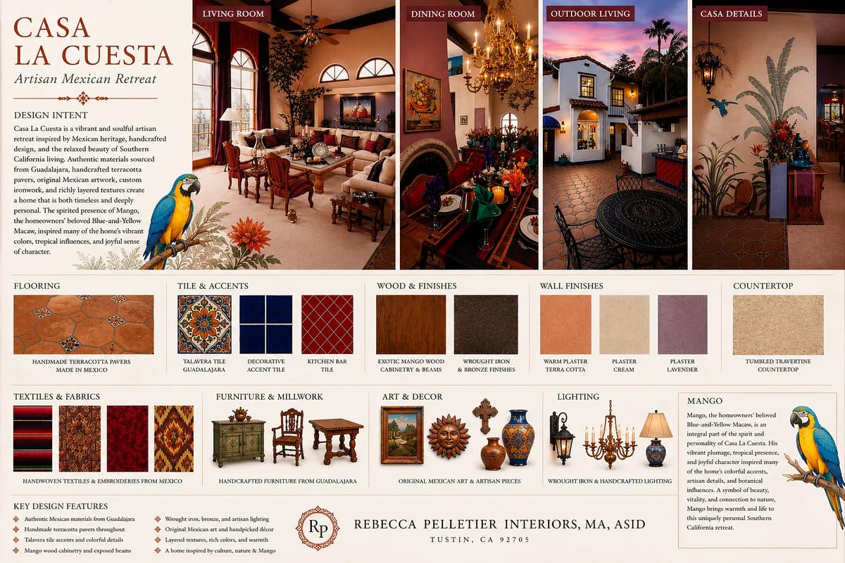 Informational layout showcasing design elements for a Mexican retreat with visuals of rooms and material swatches.