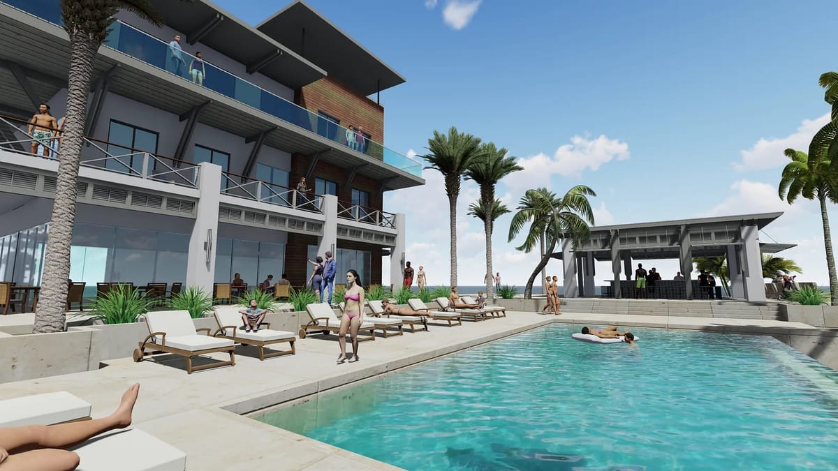 Outdoor area with swimming pool, lounge chairs, palm trees, and covered pergola with a multi-story building backdrop.