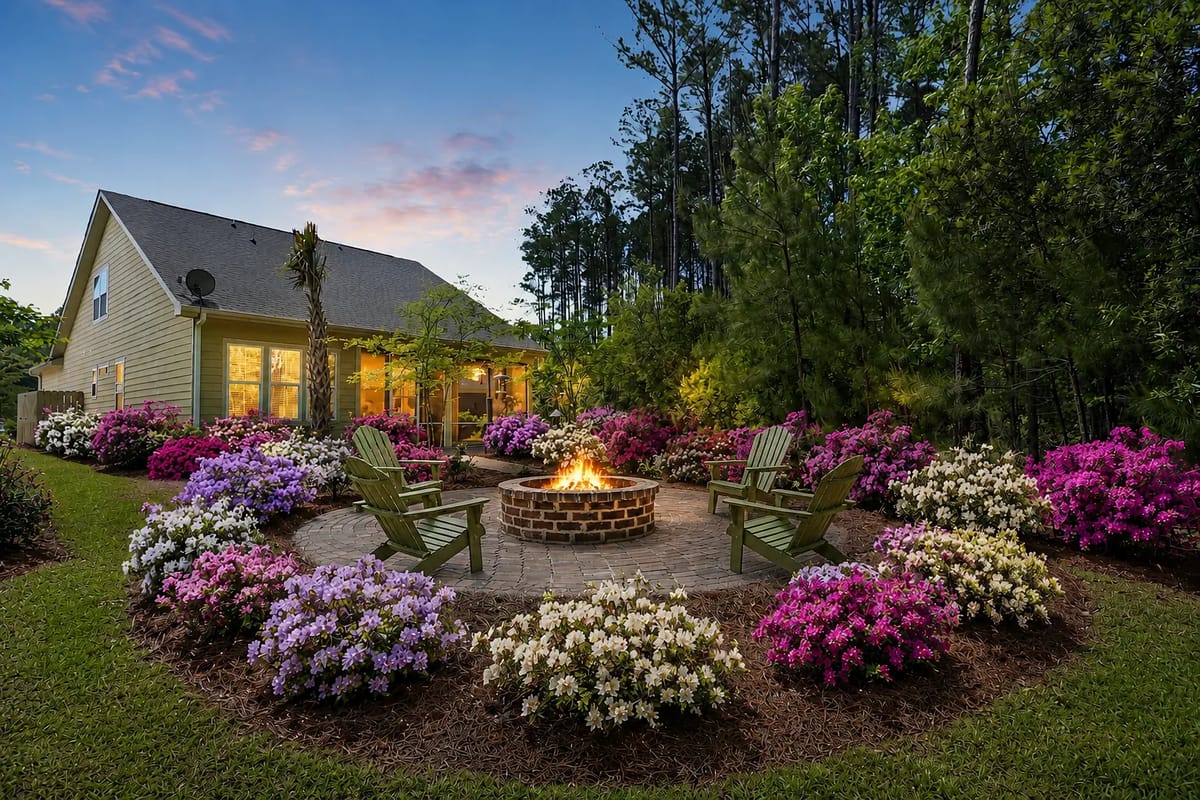 Outdoor space with a stone fire pit, wooden chairs, and vibrant azaleas, set against a sunset sky.