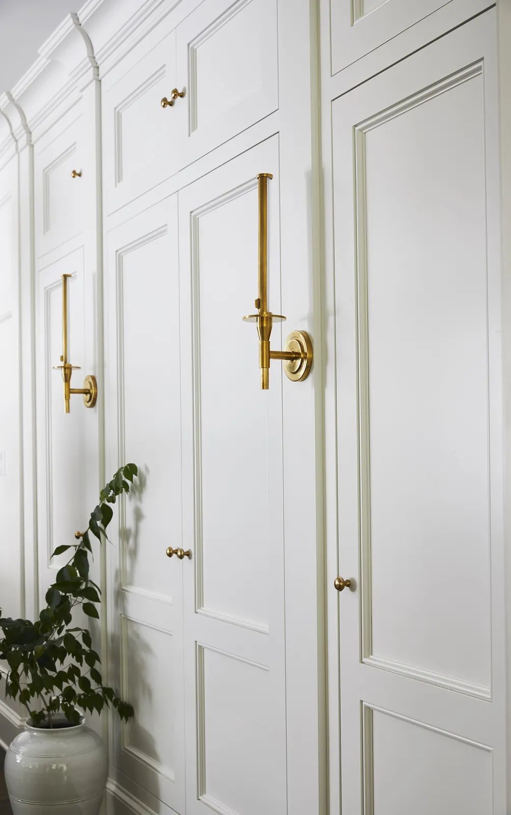 Wall with white cabinetry, gold knobs, wall sconces, and a plant in front.