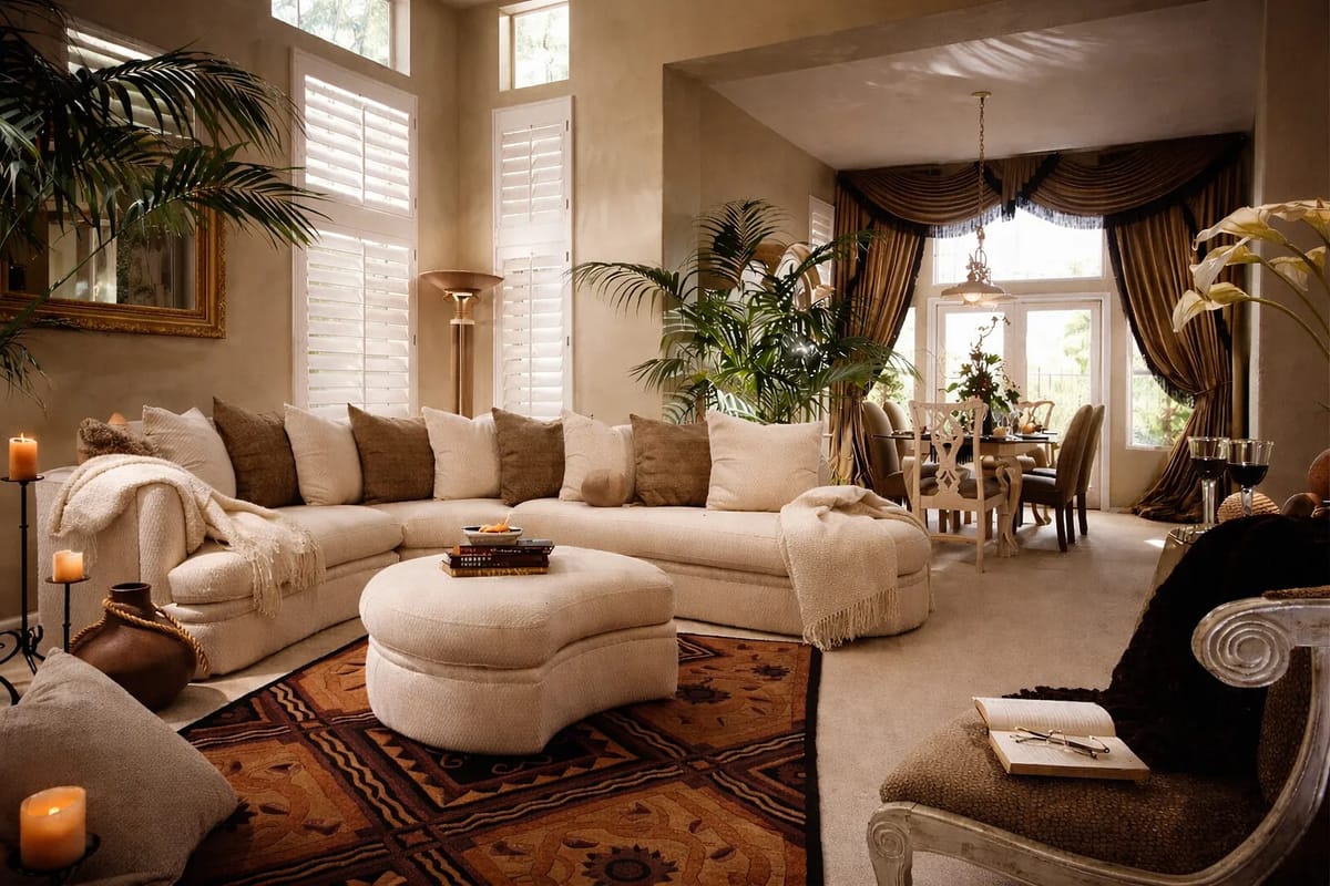 Living room with sectional sofa, ottoman, area rug, plants, candles, and a dining area with table and chandelier.