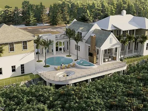Exterior view with pool, hot tub, patio, lounge chairs, and surrounding greenery.